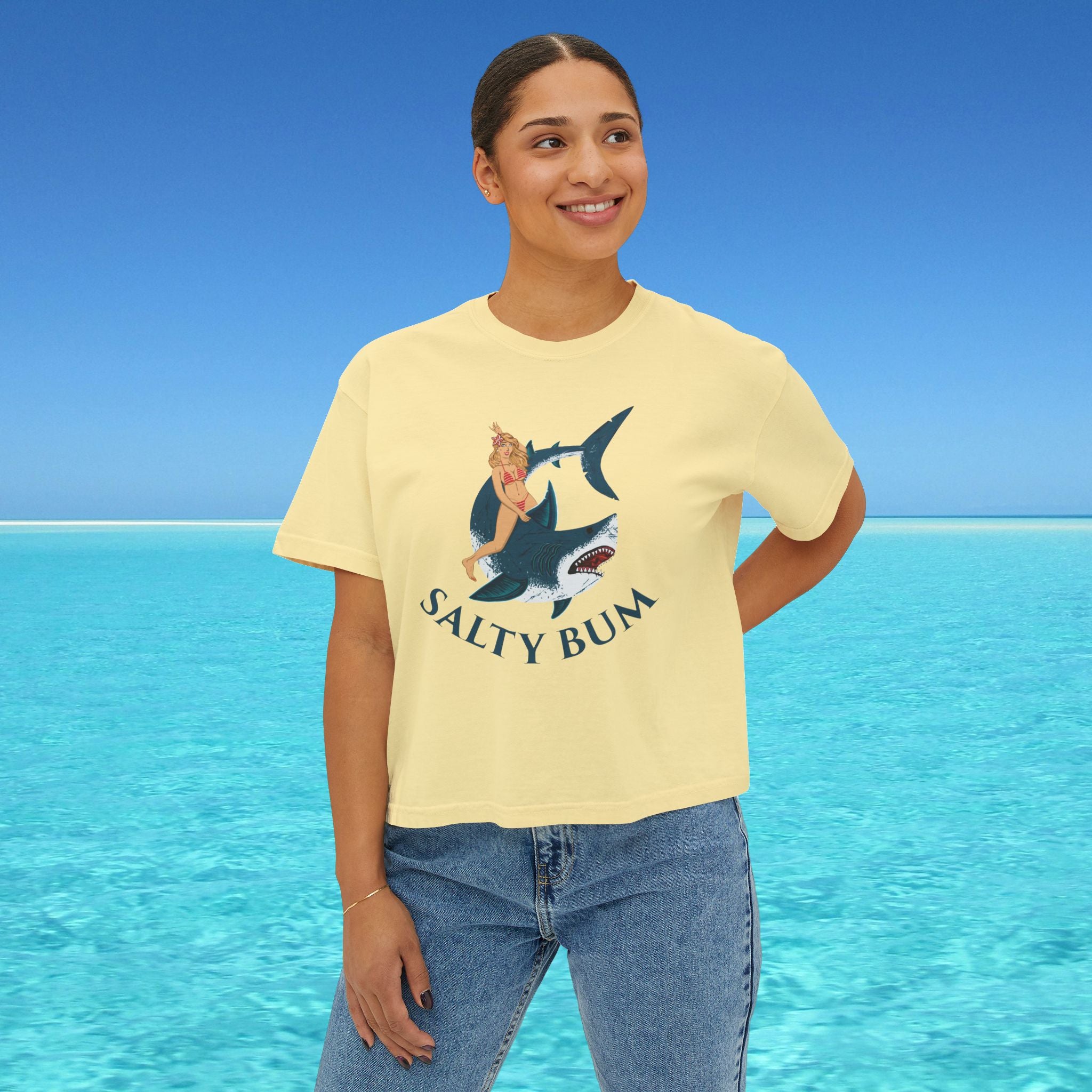 womans boxy tee salty bum shark on butter