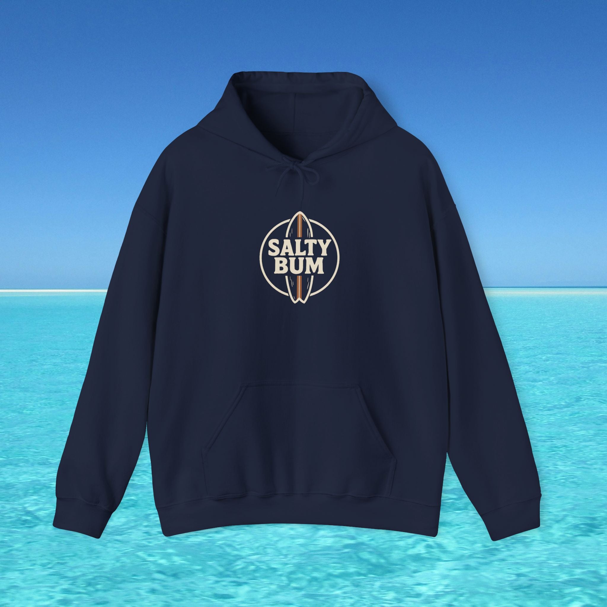 Navy blue hoodie with 'Salty Bum' logo on a blue background