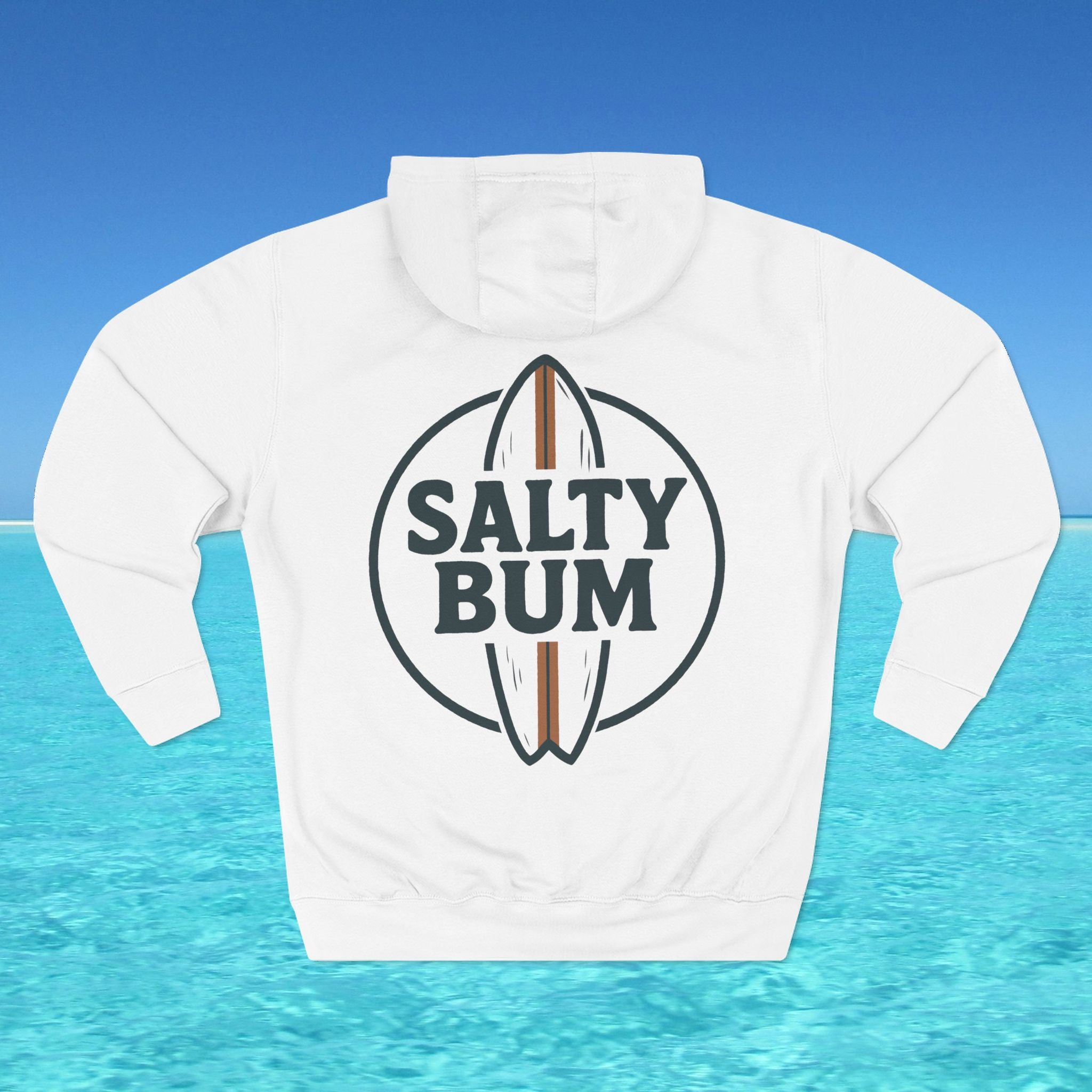 White hoodie with 'Salty Bum' logo on a blue water background