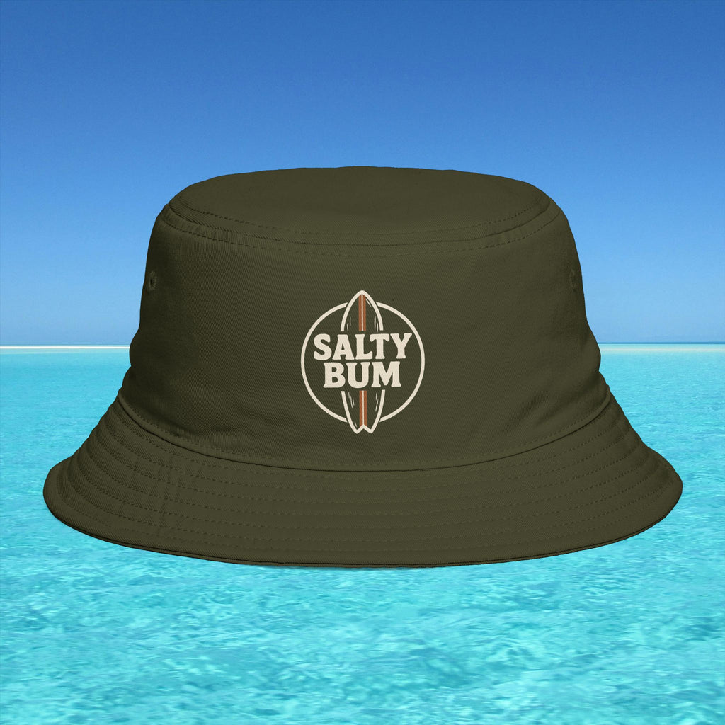 Brown bucket hat with 'Salty Bum' logo on a blue water and sky background