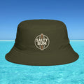 Brown bucket hat with 'Salty Bum' logo on a blue water and sky background