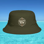 Brown bucket hat with 'Salty Bum' logo on a blue water and sky background