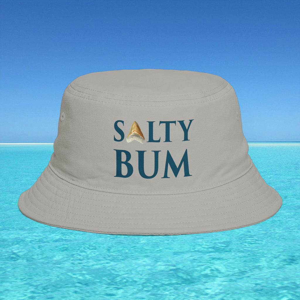 Beige bucket hat with 'Salty Bum' text on a clear blue water background