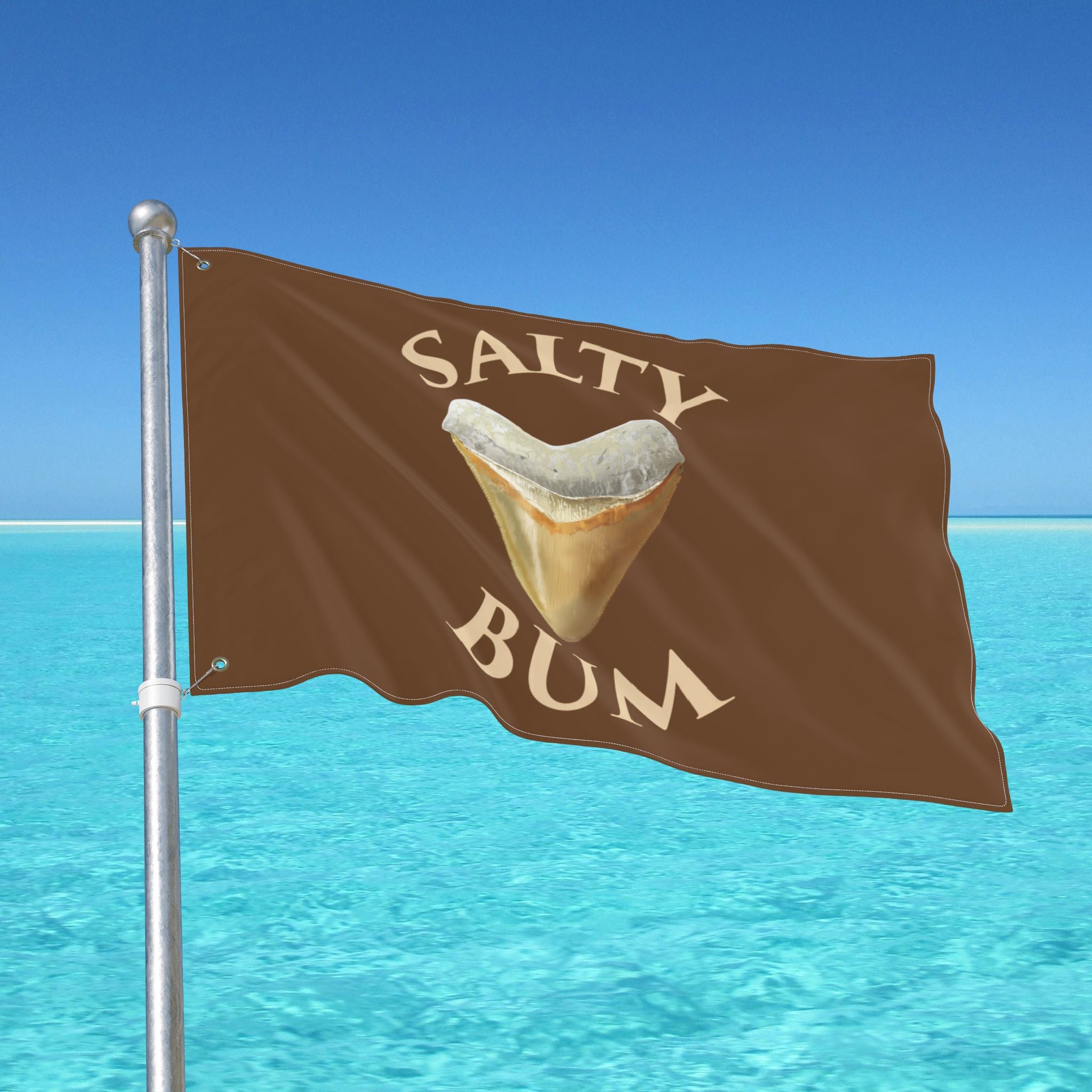 Flag with 'Salty Bum' text and a toothbrush graphic against a blue ocean and sky background
