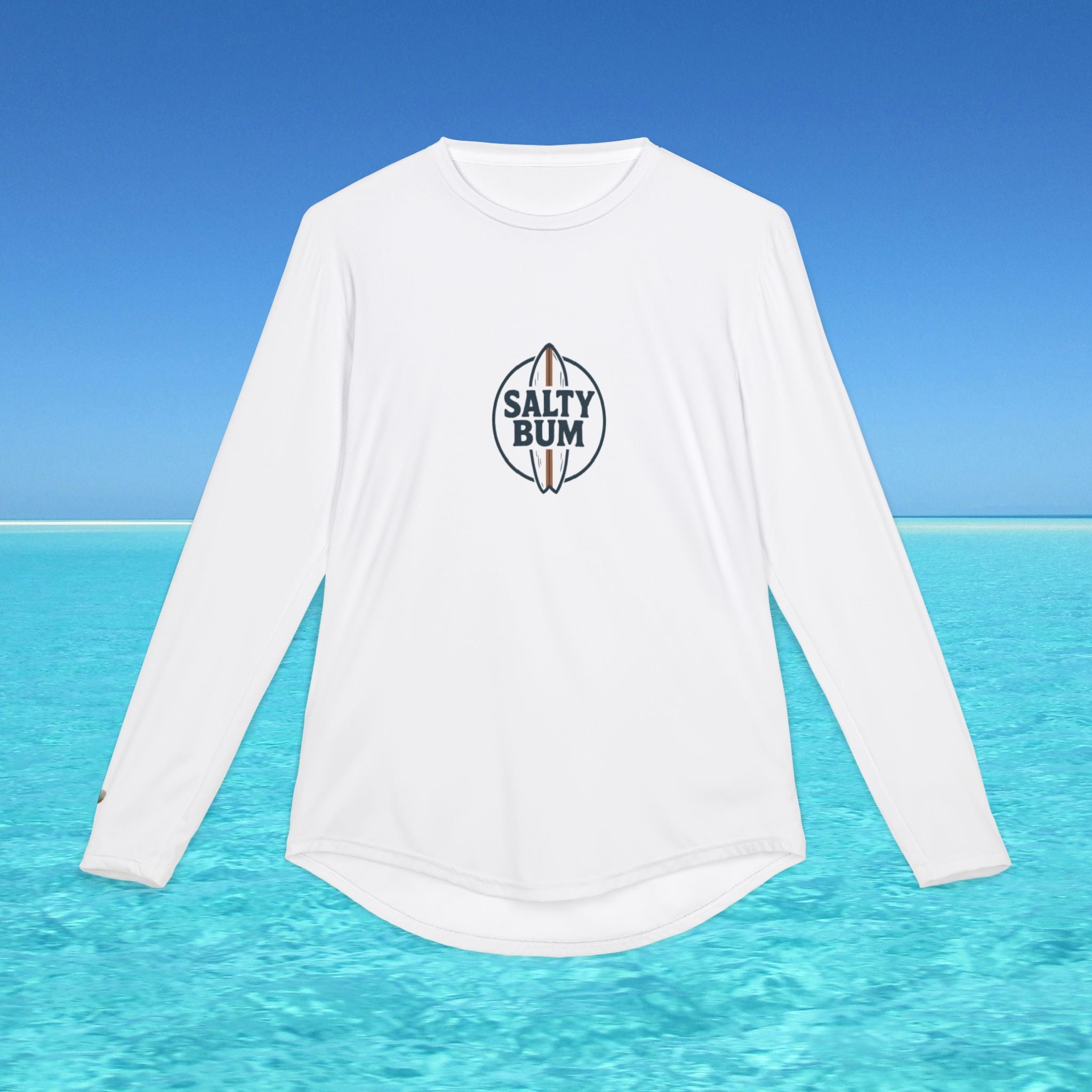 White long-sleeve shirt with 'Salty Bum' logo on a blue water and sky background