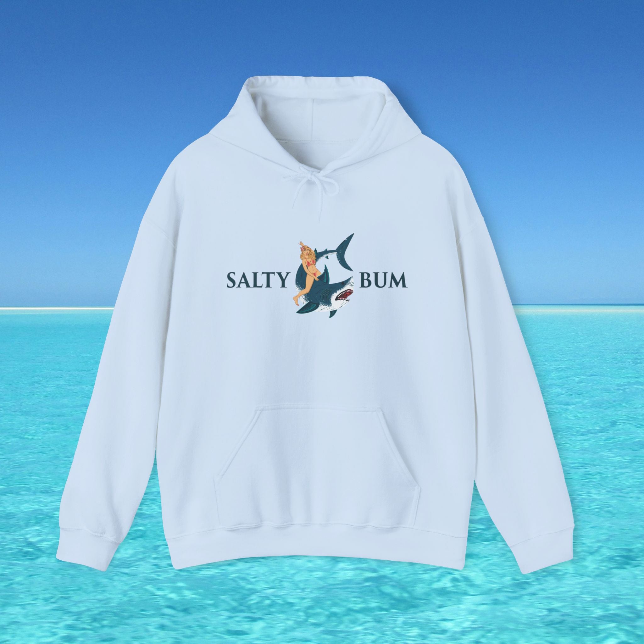 White hoodie with 'Salty Bum' logo on a blue ocean background