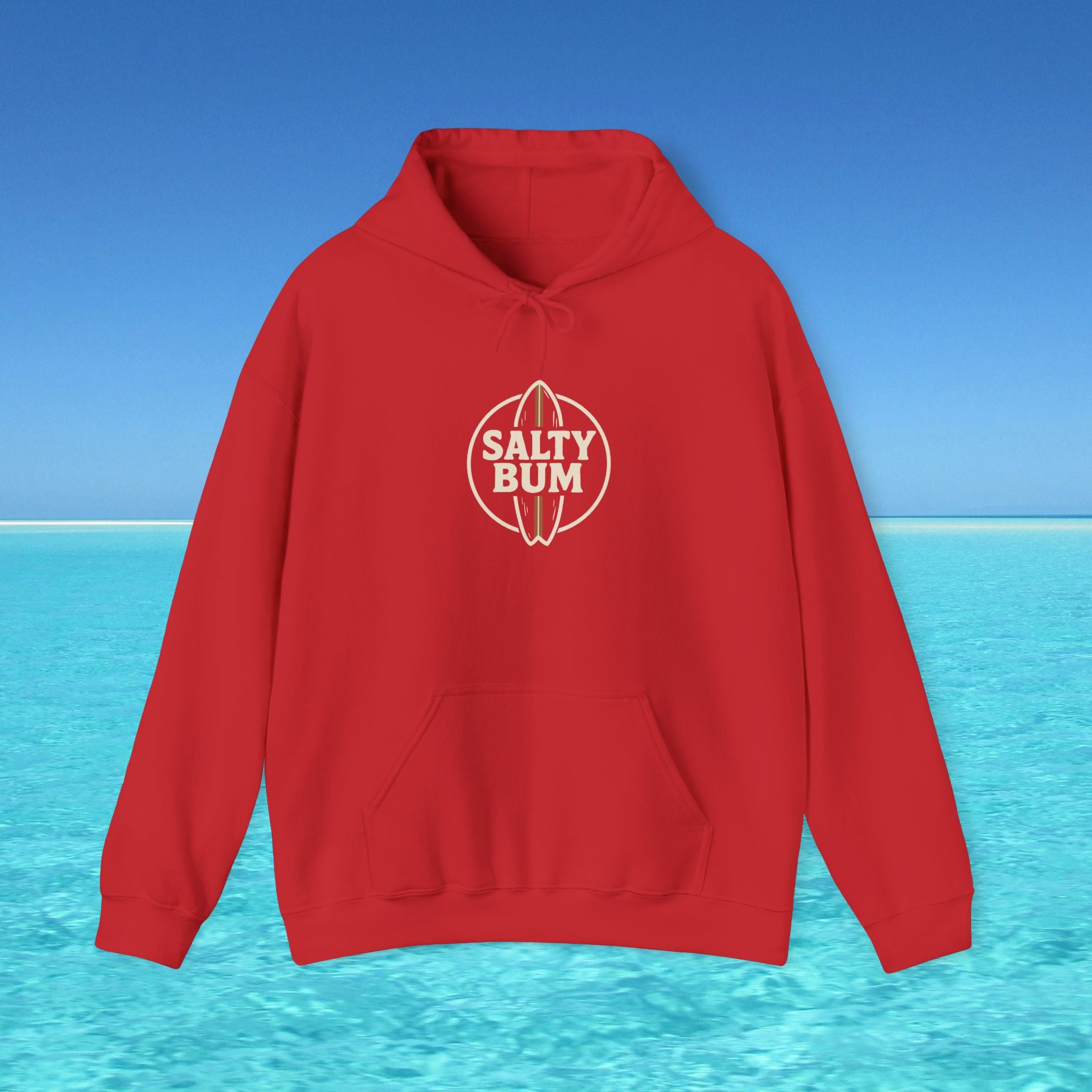 Red hoodie with 'Salty Bum' logo on a blue water and sky background