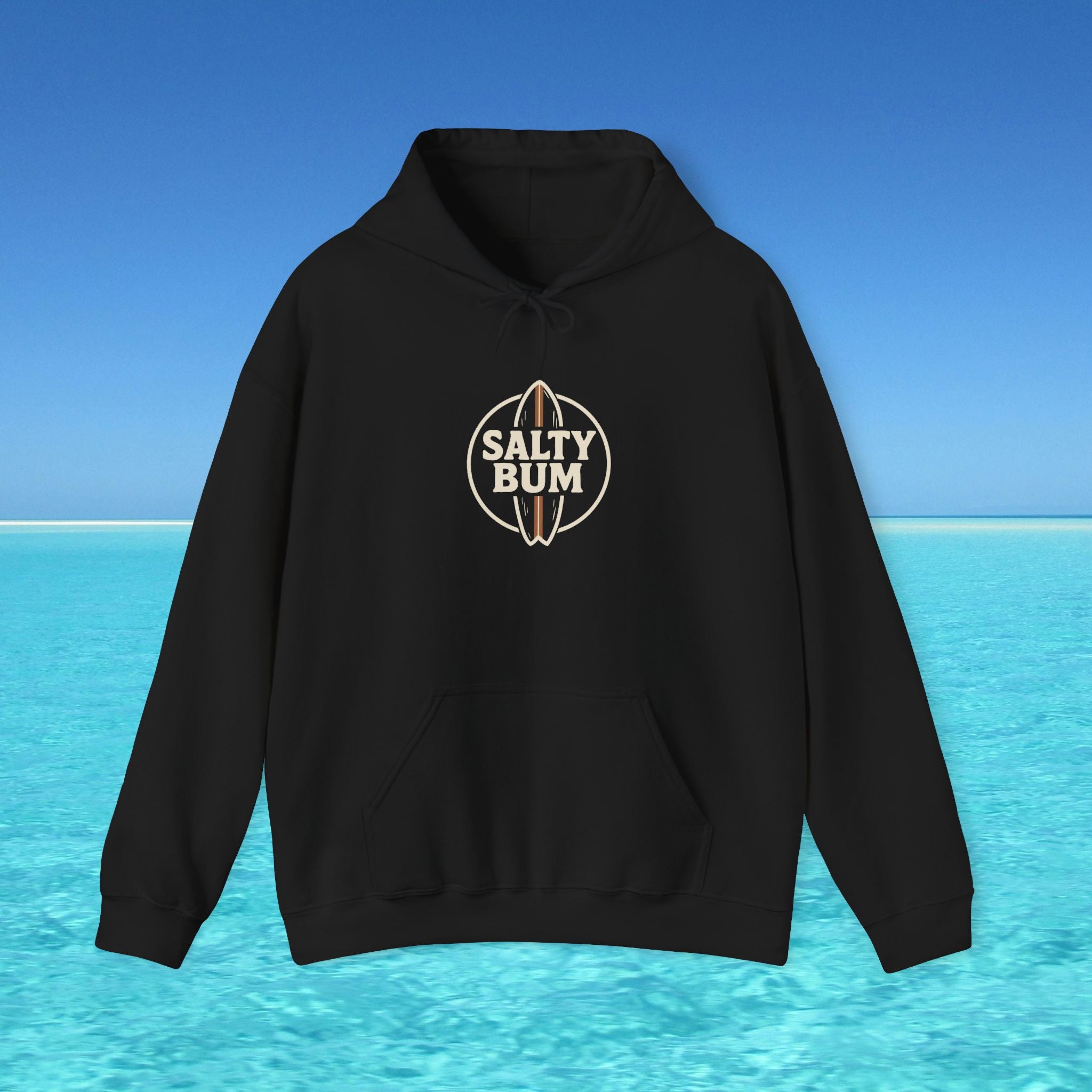 Black hoodie with 'Salty Bum' logo on a blue ocean background