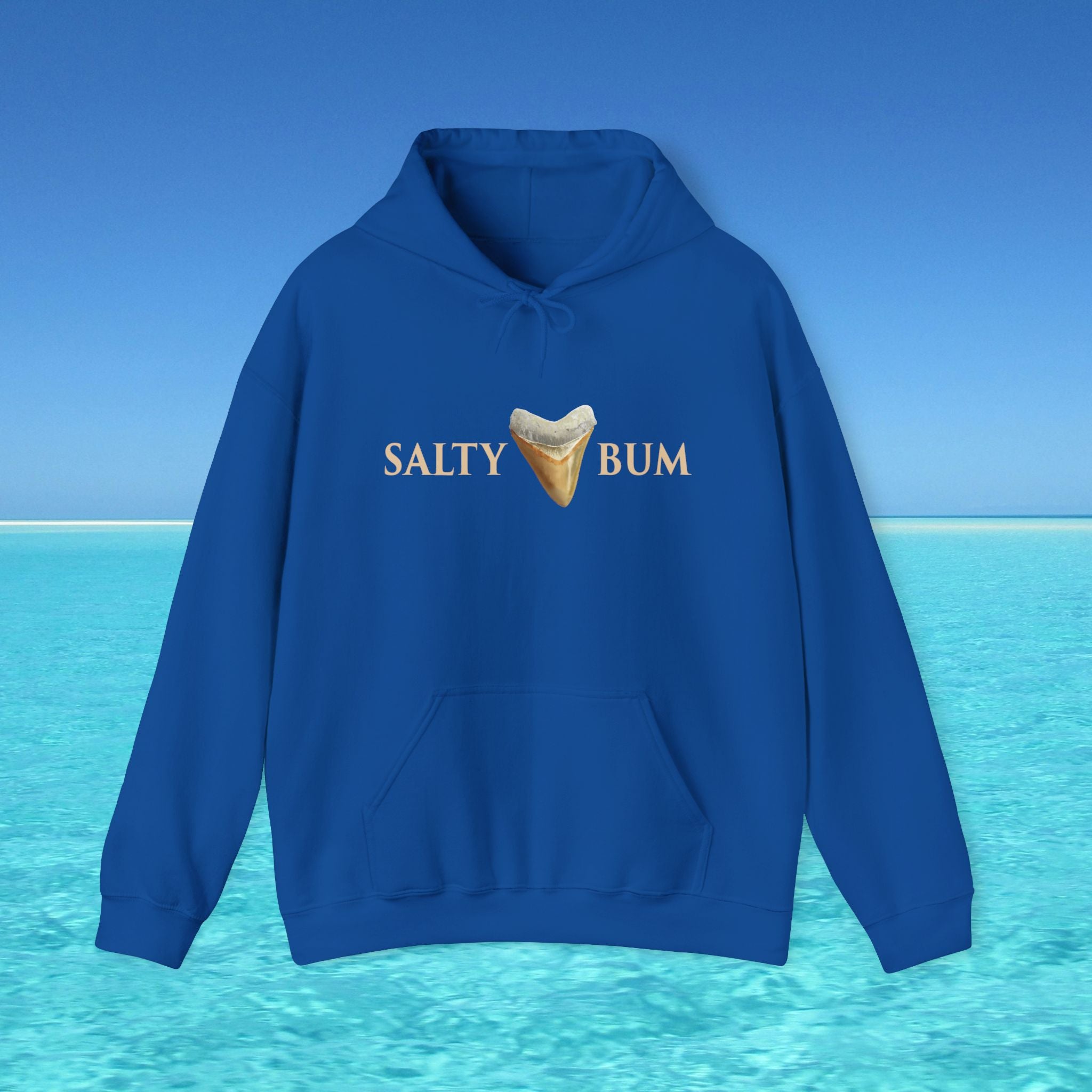 Blue hoodie with 'Salty Bum' text and graphic on a blue background