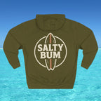 Green hoodie with 'Salty Bum' logo on a blue water background