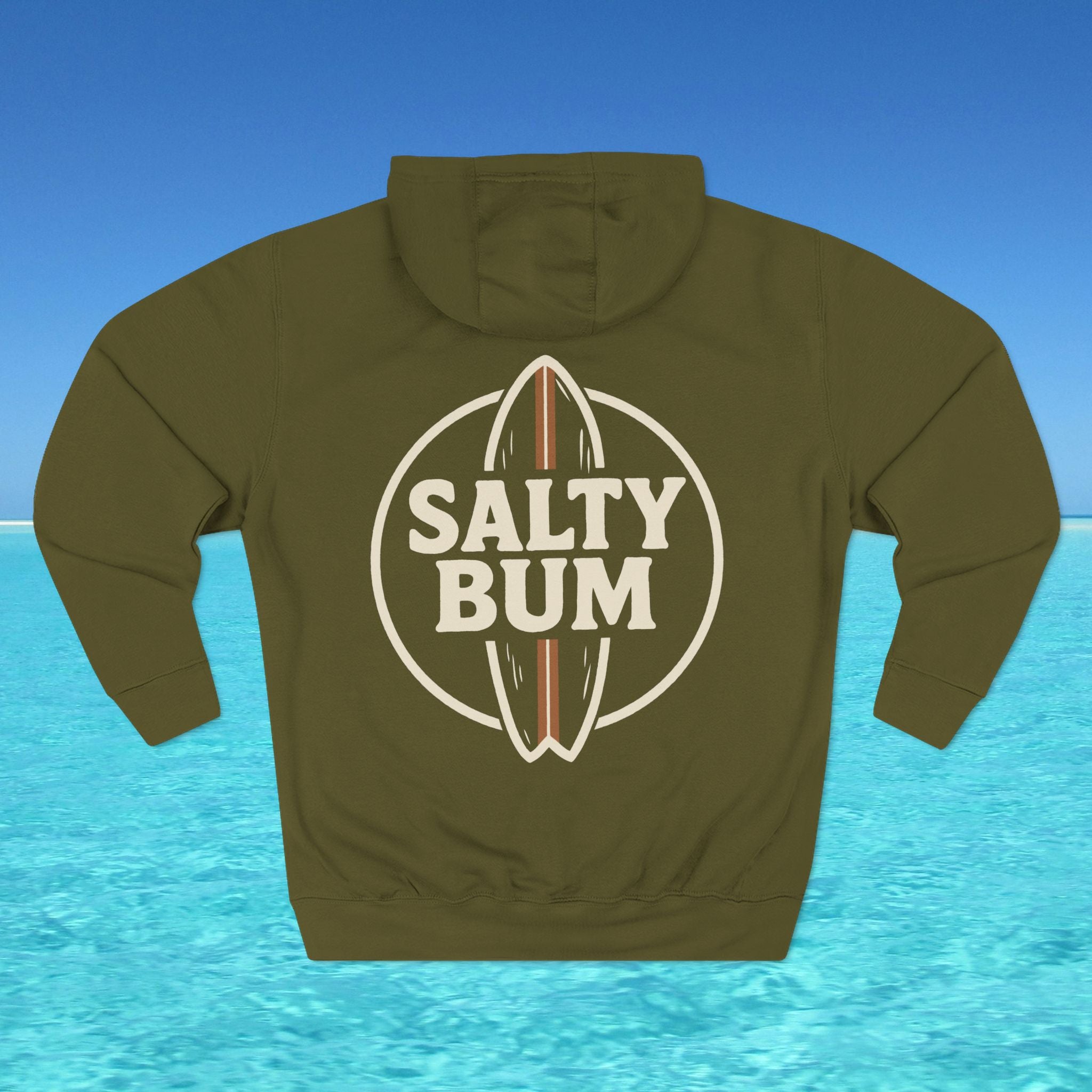 Green hoodie with 'Salty Bum' logo on a blue water background
