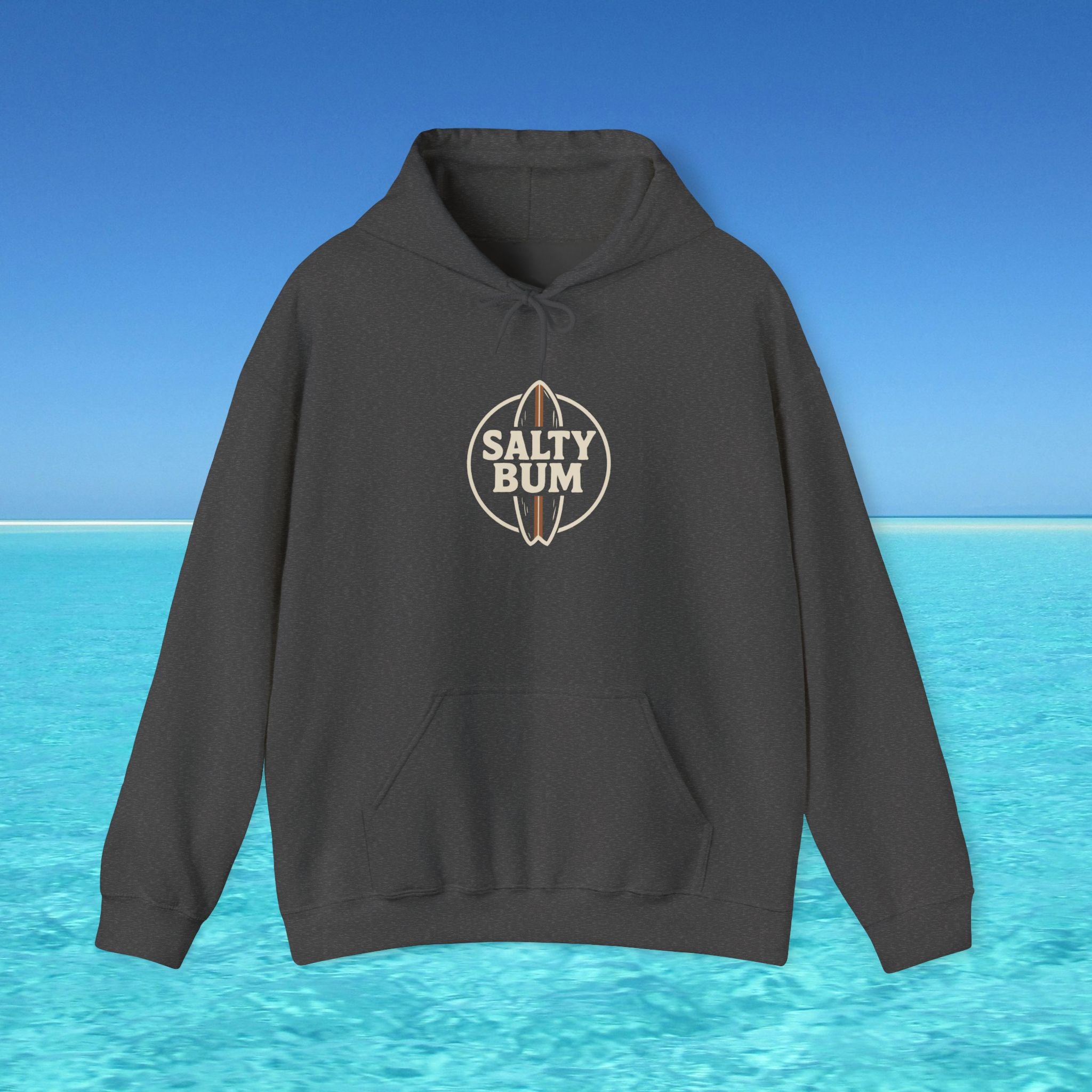 Black hoodie with 'Salty Bum' logo on a blue water and sky background