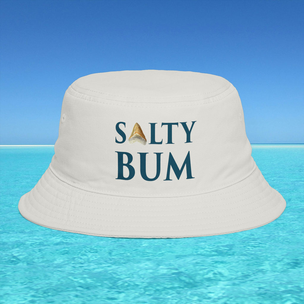 Beige bucket hat with 'Salty Bum' text on a blue water and sky background
