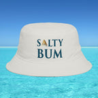 Beige bucket hat with 'Salty Bum' text on a blue water and sky background