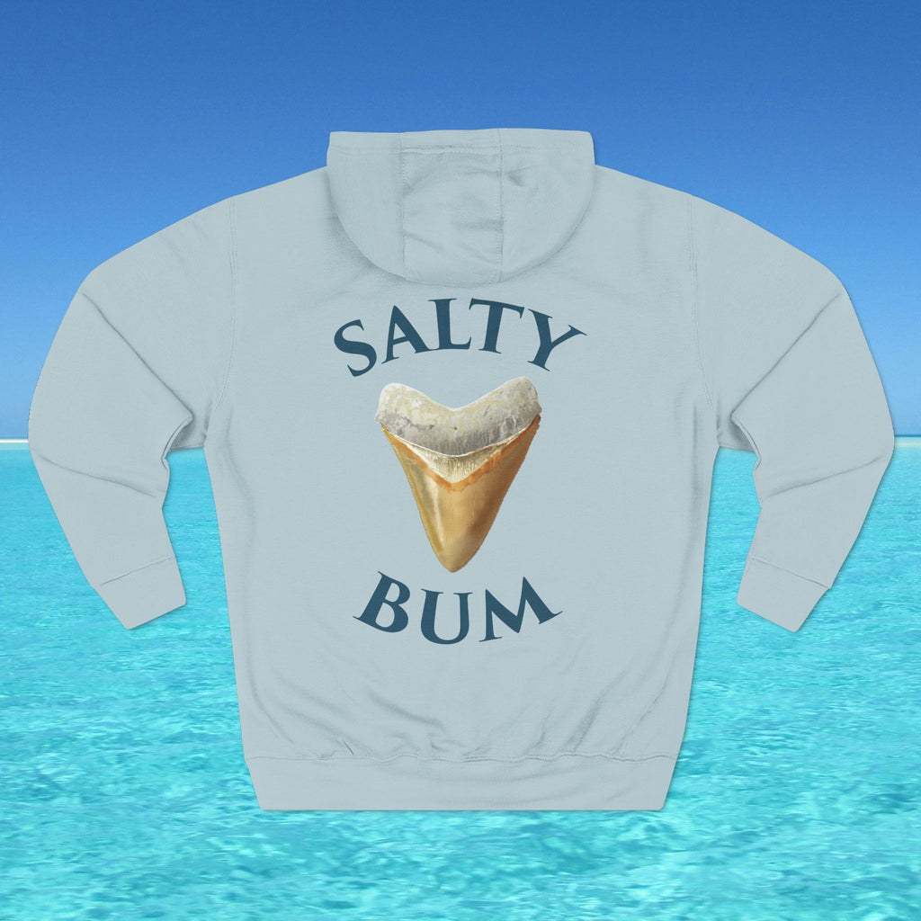 Light gray hoodie with 'Salty Bum' text and shark tooth graphic on a blue water background