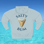 Light gray hoodie with 'Salty Bum' text and shark tooth graphic on a blue water background