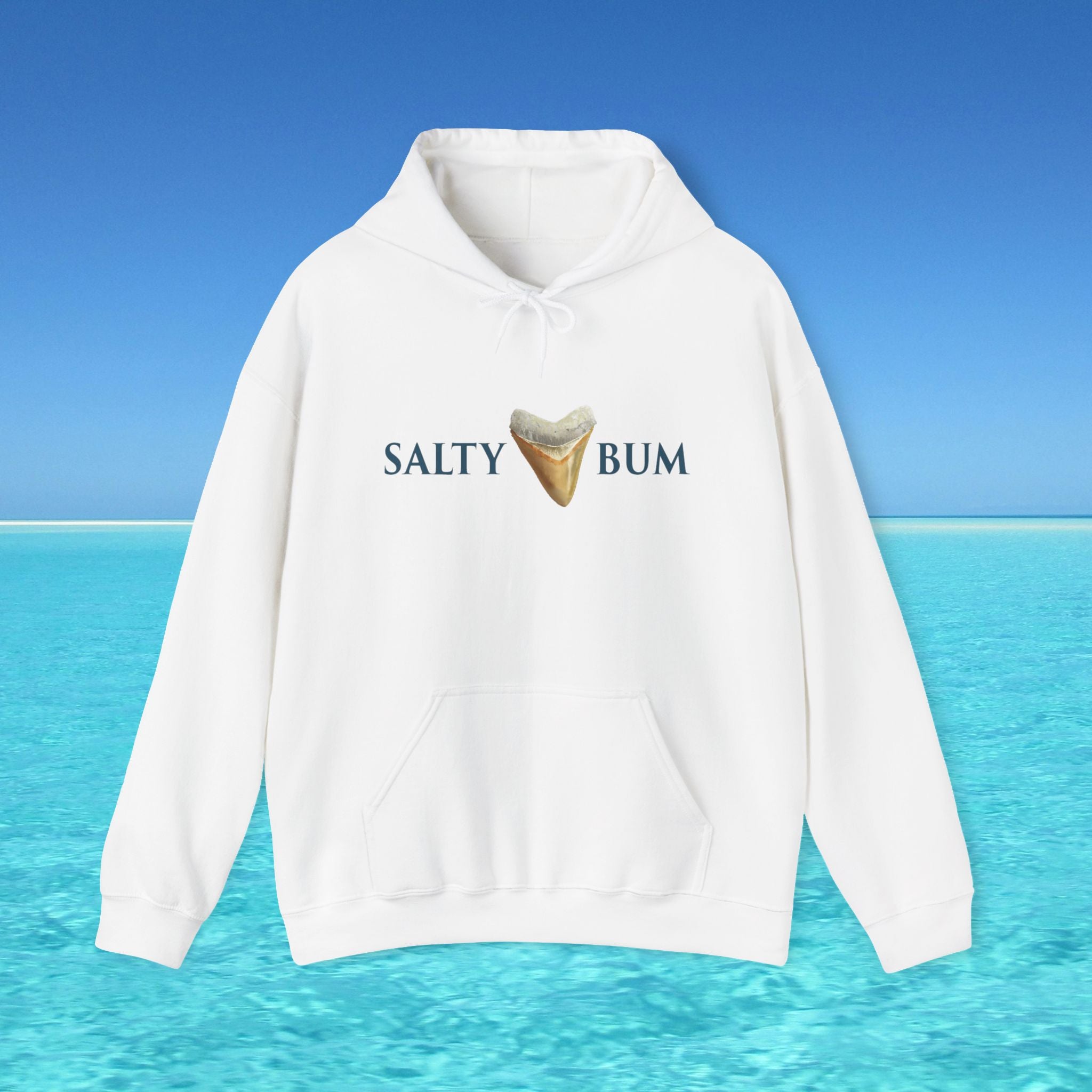 White hoodie with 'Salty Bum' text and ice cream graphic on a blue ocean background