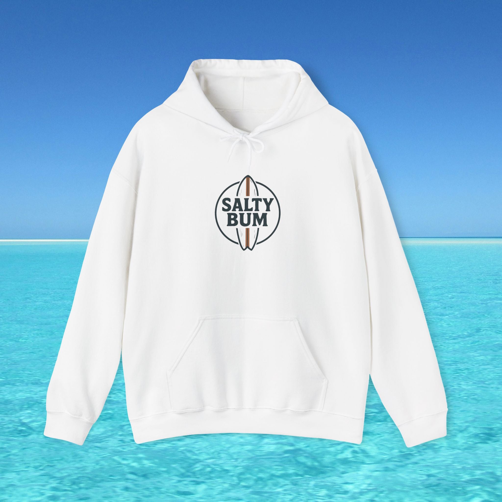 White hoodie with 'Salty Bum' logo on a blue ocean background