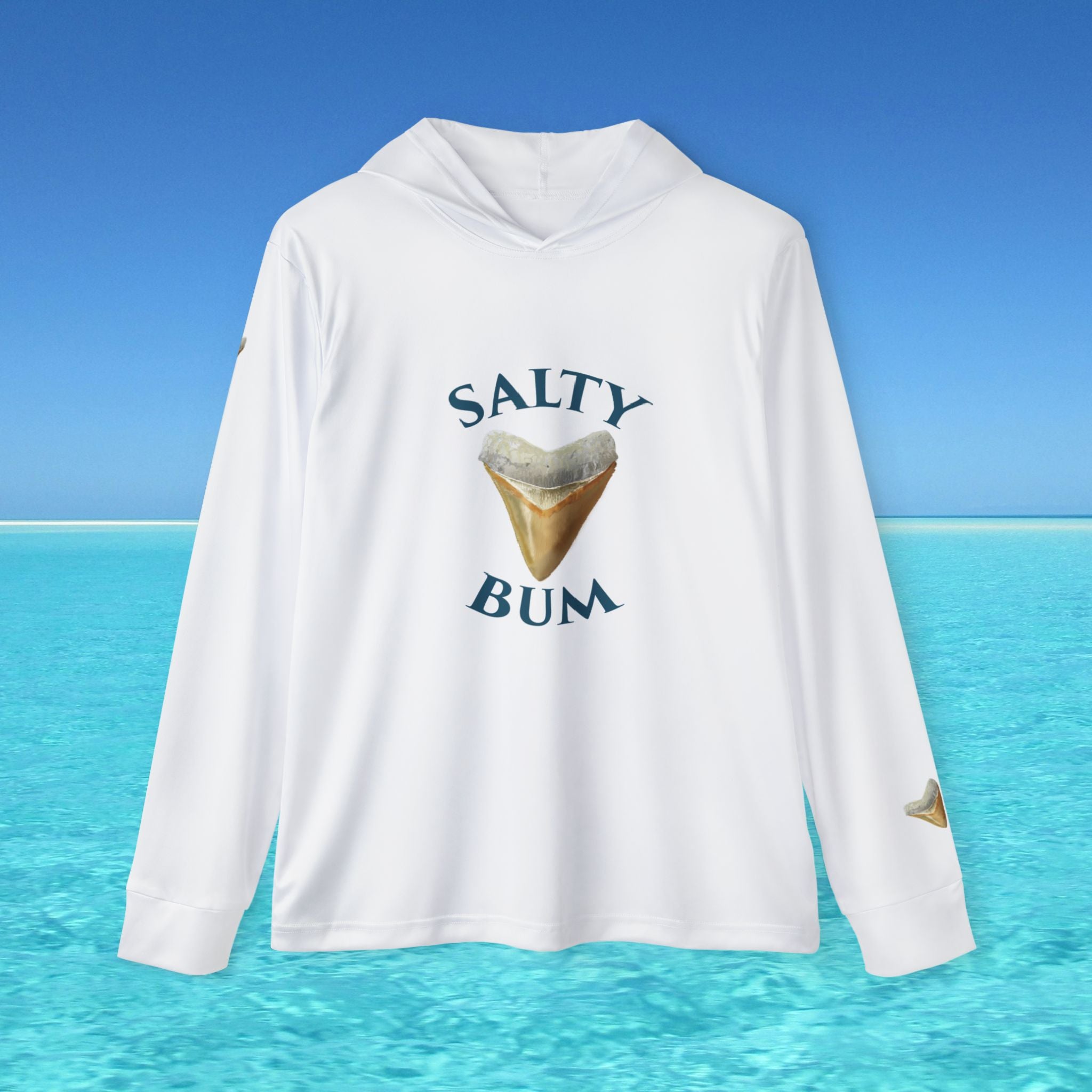 White hoodie with 'Salty Bum' text and graphic on a blue ocean background