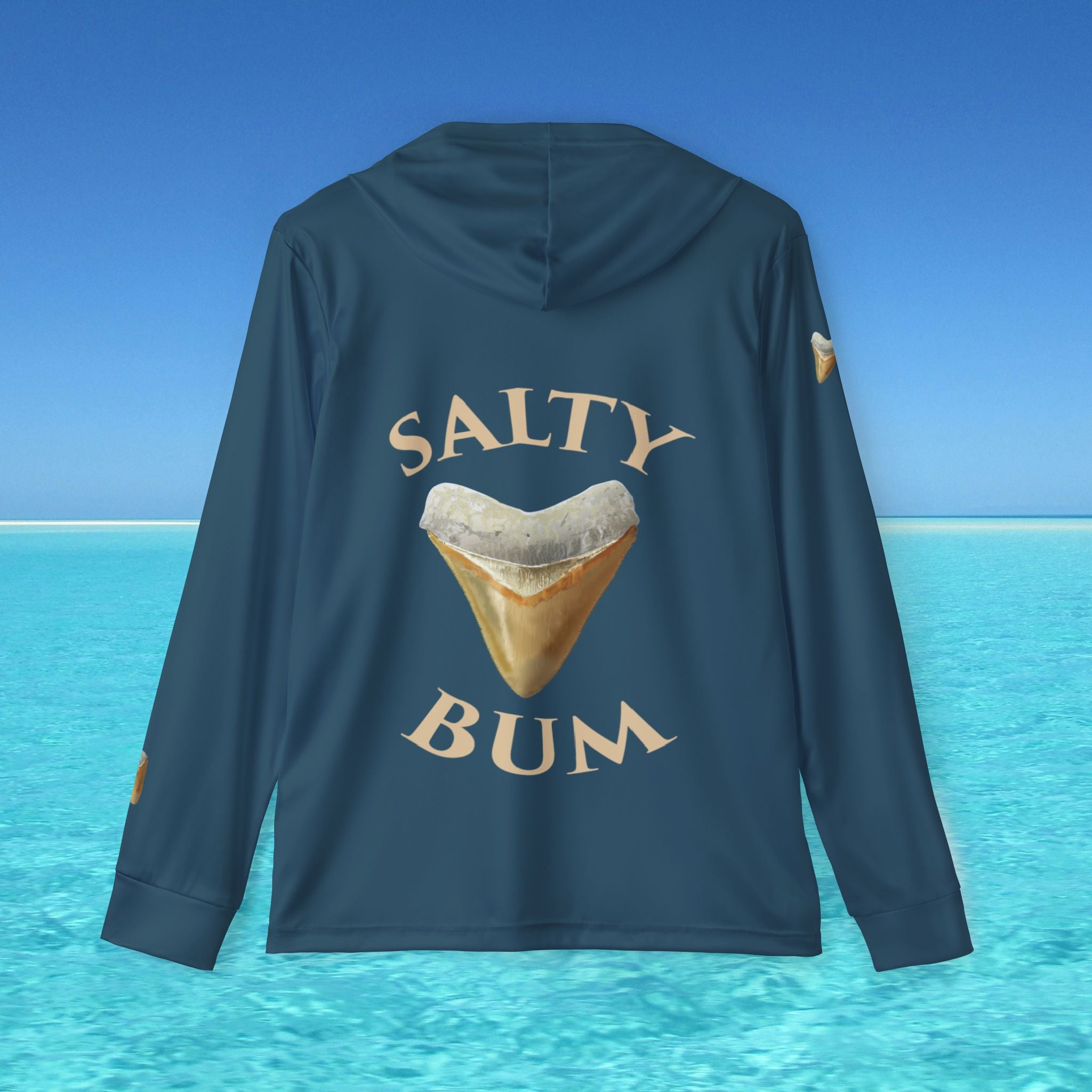 Navy blue hoodie with 'Salty Bum' graphic on a beach background