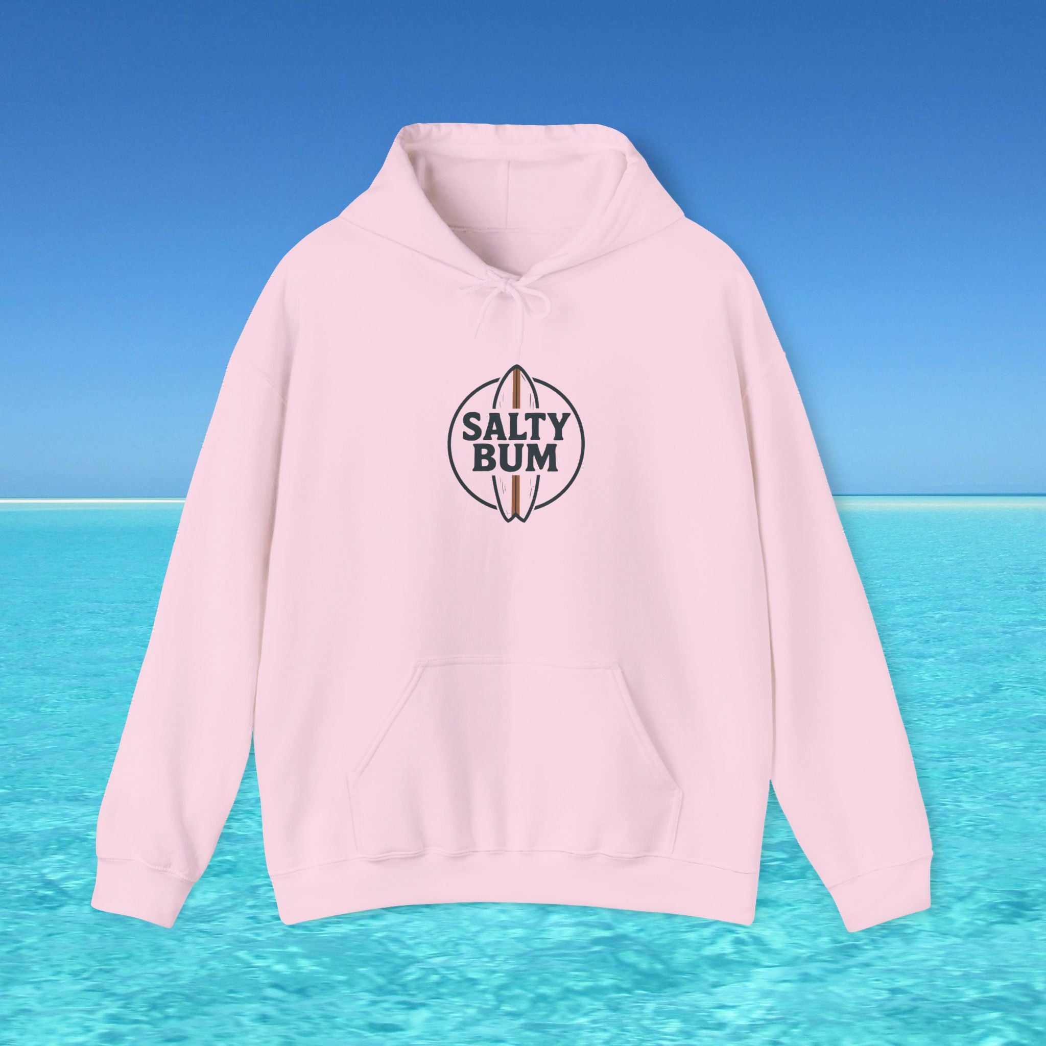 Pink hoodie with 'Salty Bum' logo on a blue water and sky background