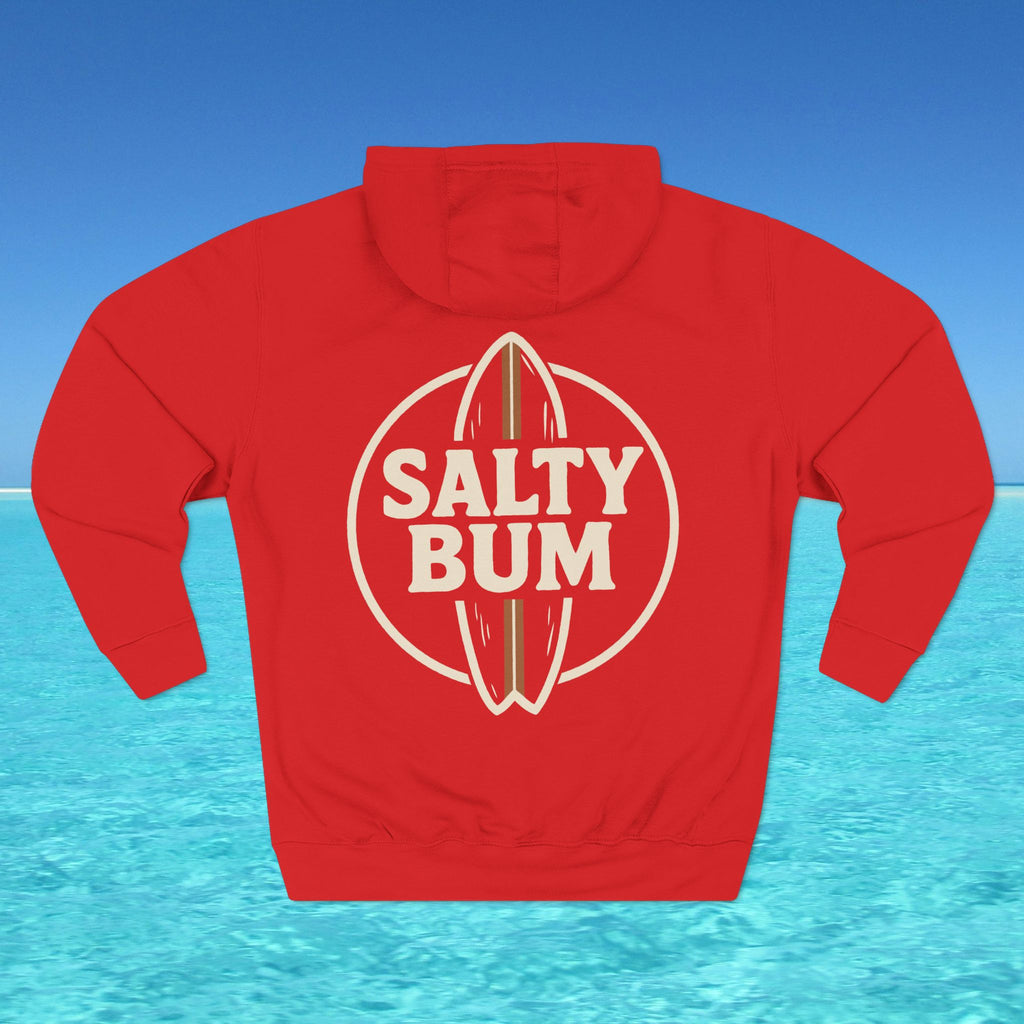 Red hoodie with 'Salty Bum' logo on a blue water and sky background