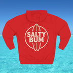 Red hoodie with 'Salty Bum' logo on a blue water and sky background