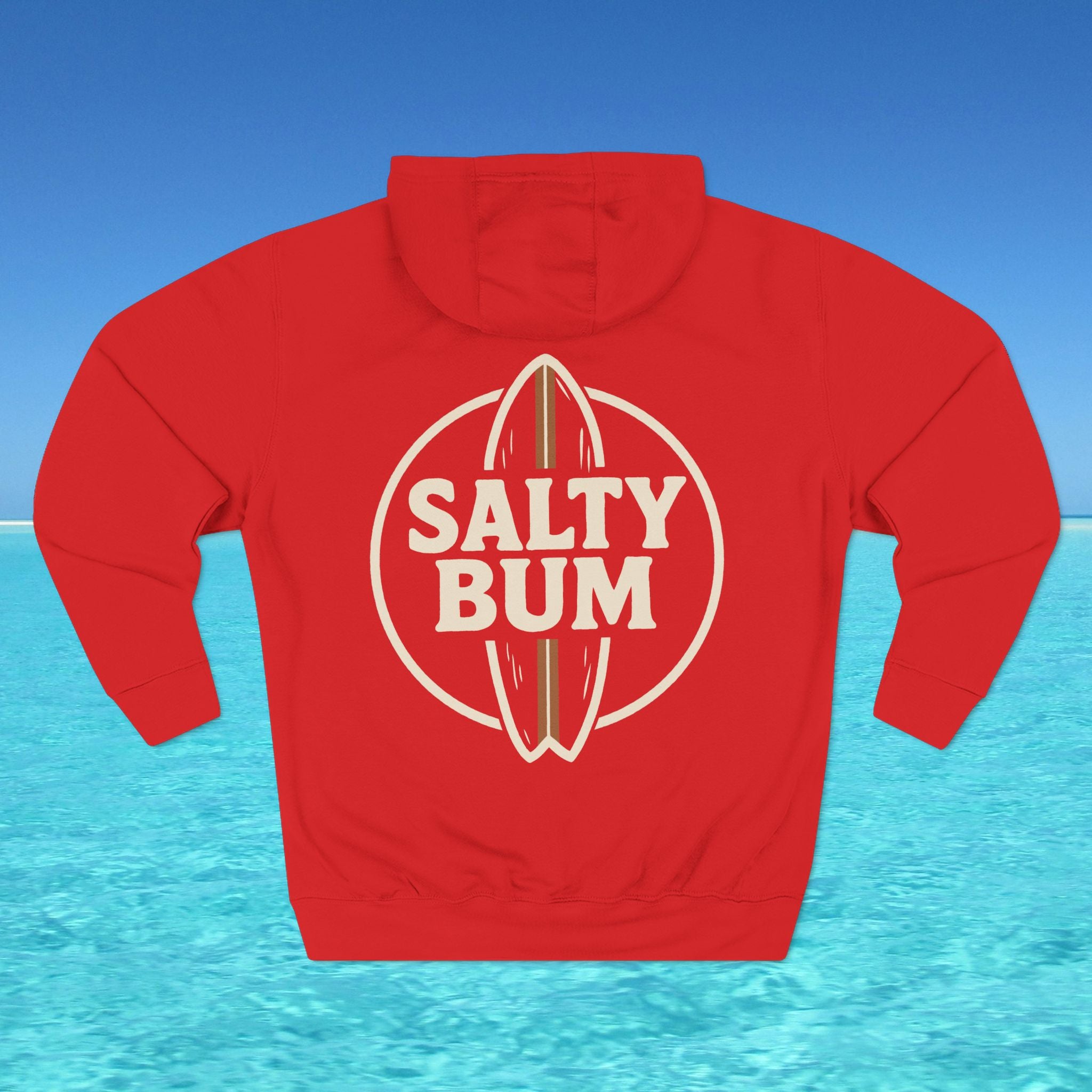 Red hoodie with 'Salty Bum' logo on a blue water and sky background
