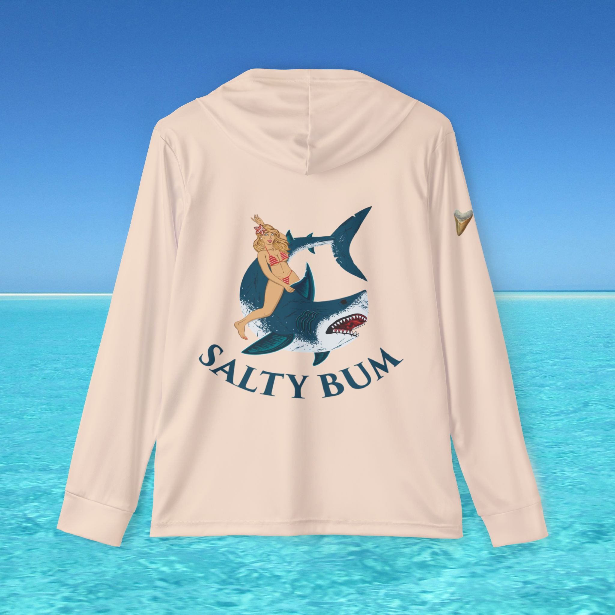 Beige hoodie with 'Salty Bum' graphic on a beach background
