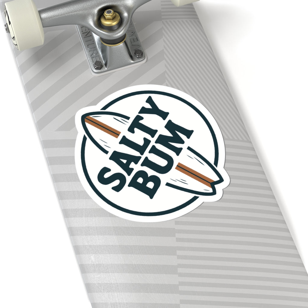 Skateboard with a 'Salty Bum' sticker on a white background