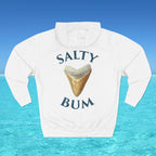 White hoodie with 'Salty Bum' text and shark tooth graphic on a blue water background