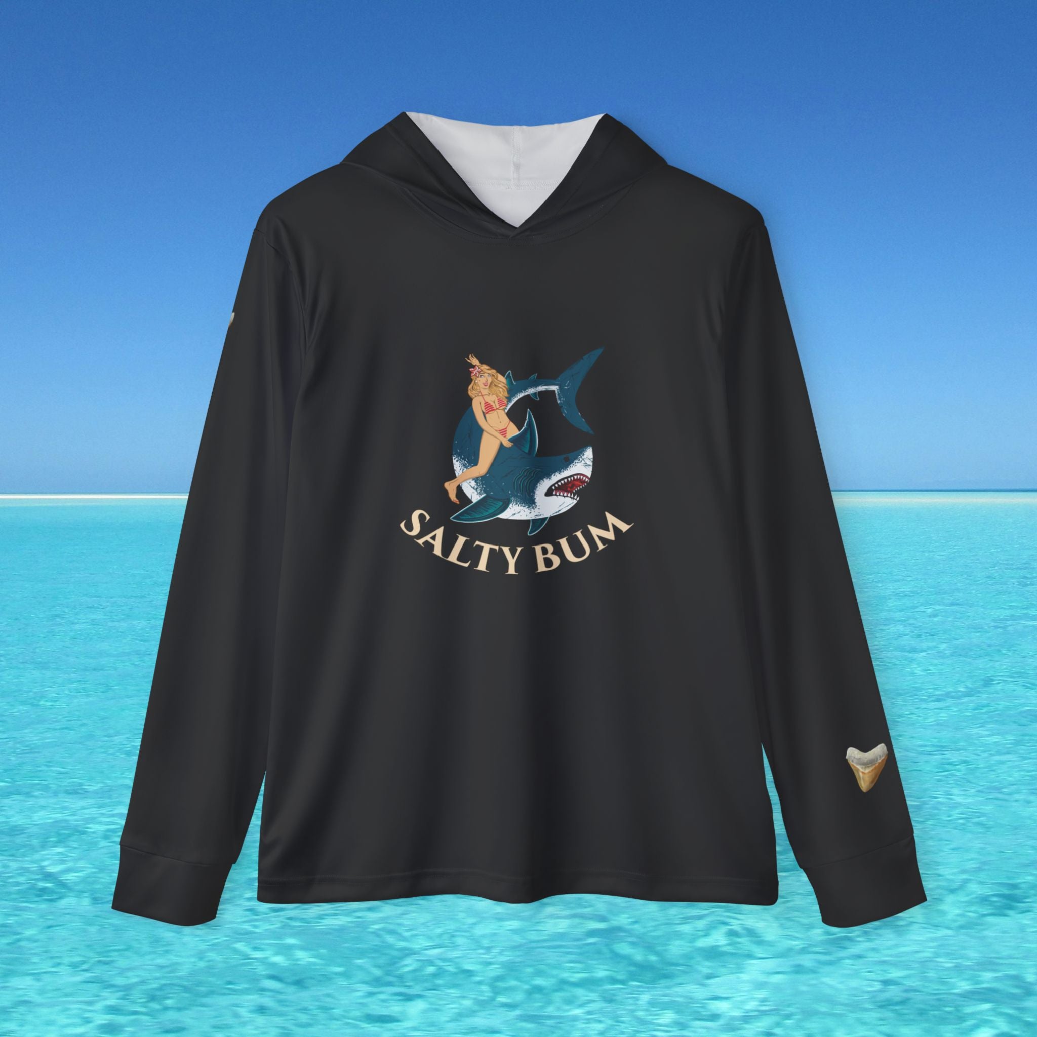 Black hoodie with 'Salty Bum' graphic on a blue water and sky background