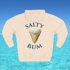 Beige hoodie with 'Salty Bum' text and shark tooth graphic on a blue water background