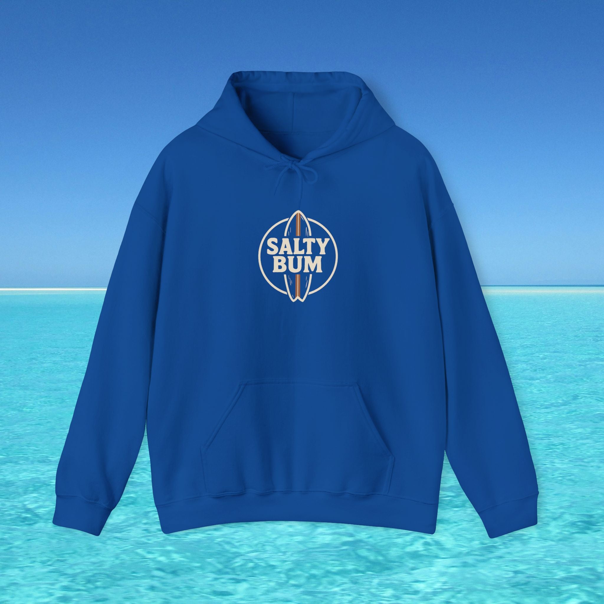 Blue hoodie with 'Salty Bum' logo on a blue and turquoise gradient background