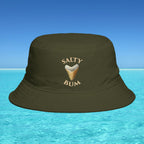 Brown bucket hat with 'Salty Bum' text and ice cream graphic on a blue water and sky background