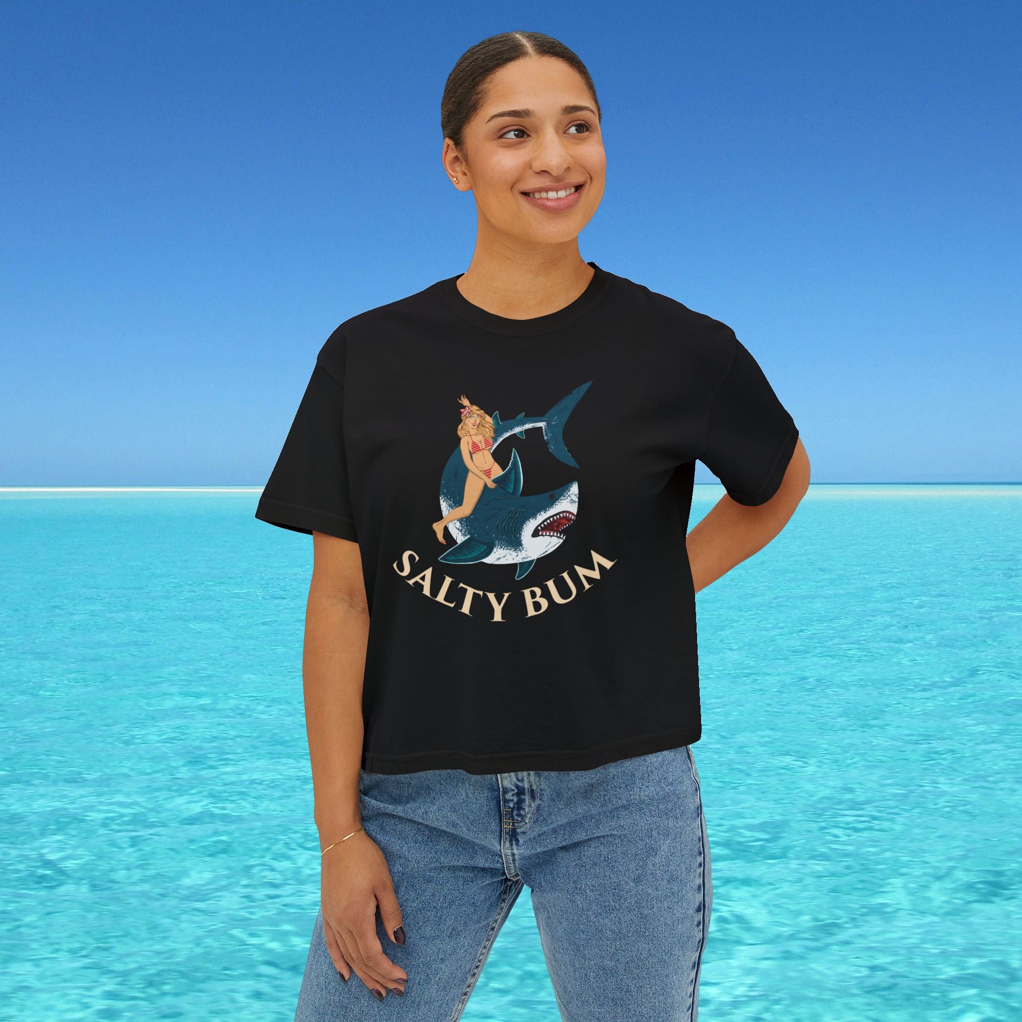 womans boxy tee salty bum shark on black
