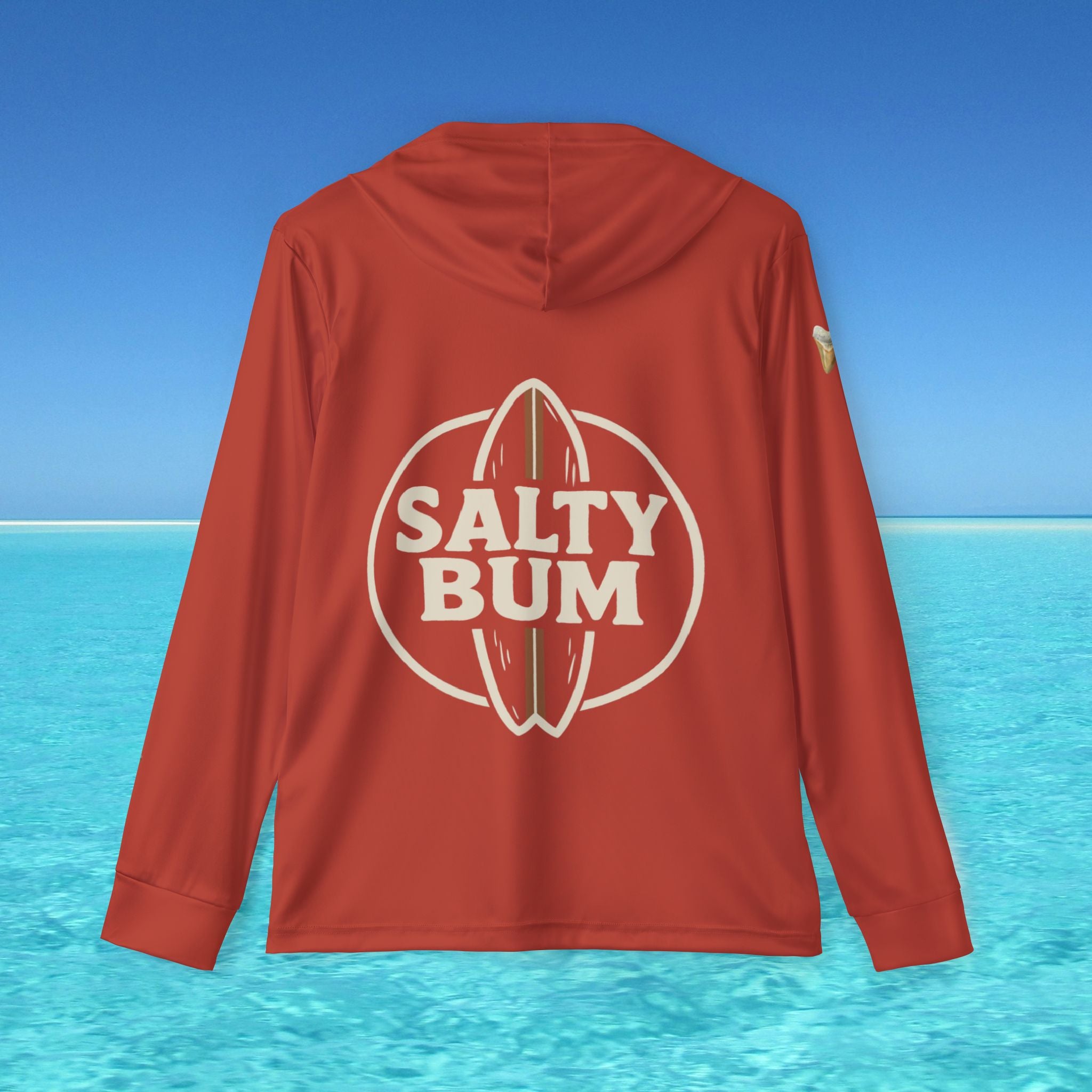 Red hoodie with 'Salty Bum' logo on a blue water and sky background