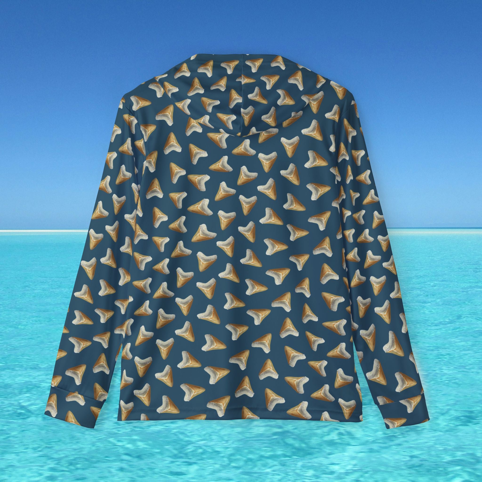 Long-sleeve shirt with shark tooth pattern on a blue background