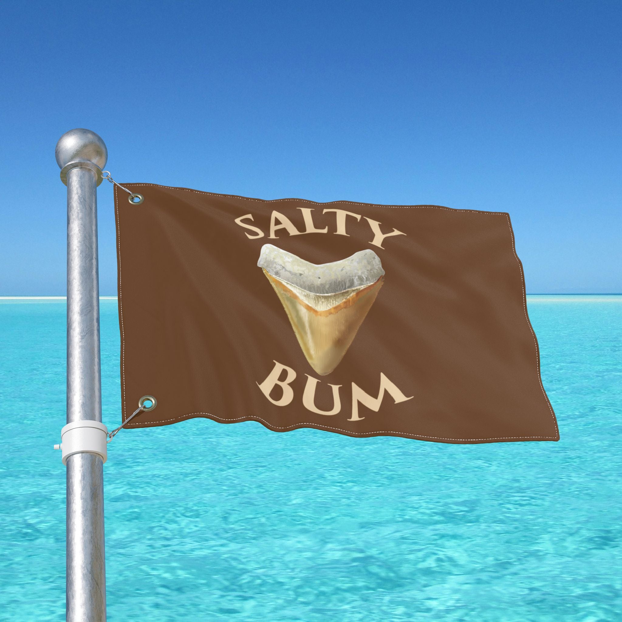 Flag with 'Salty Bum' text and a shark tooth graphic against a blue ocean background