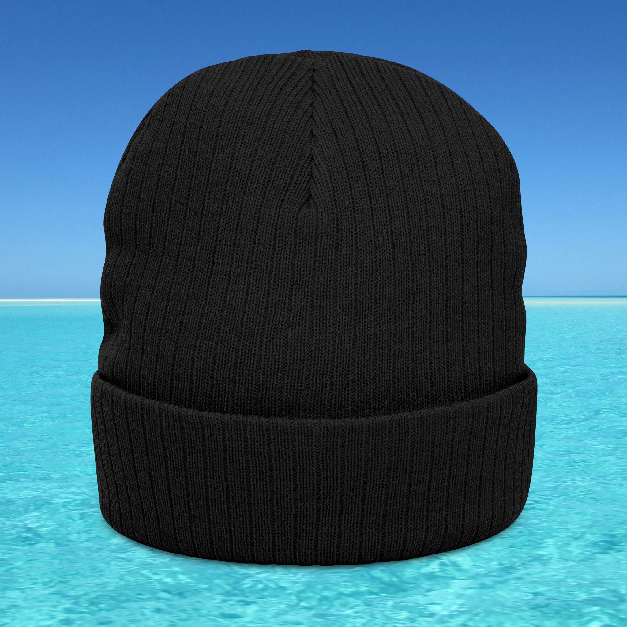 Black knit beanie on a blue water and sky background