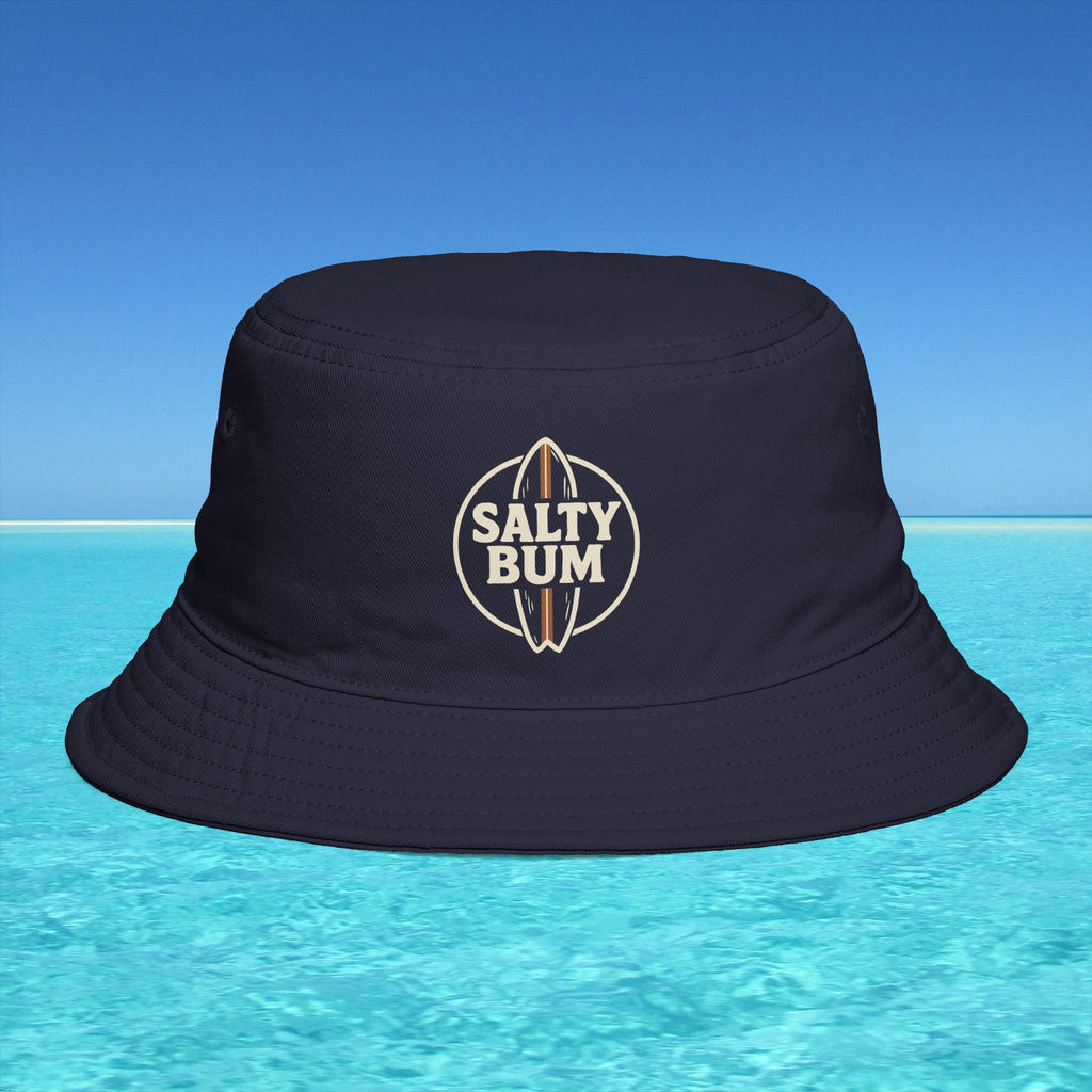 Navy bucket hat with 'Salty Bum' logo on a clear blue water background