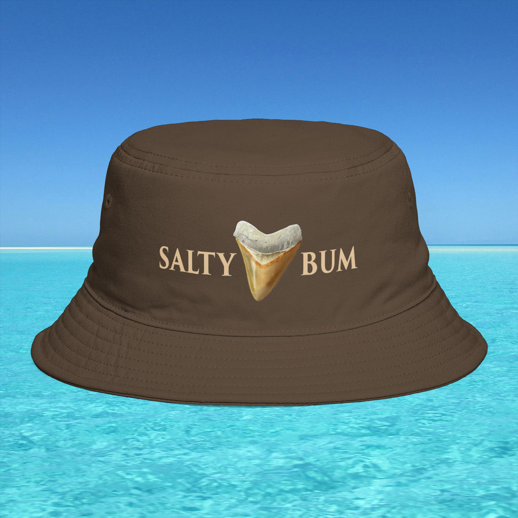 Brown bucket hat with 'Salty Bum' text and shark tooth graphic on a blue water background