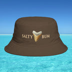 Brown bucket hat with 'Salty Bum' text and shark tooth graphic on a blue water background