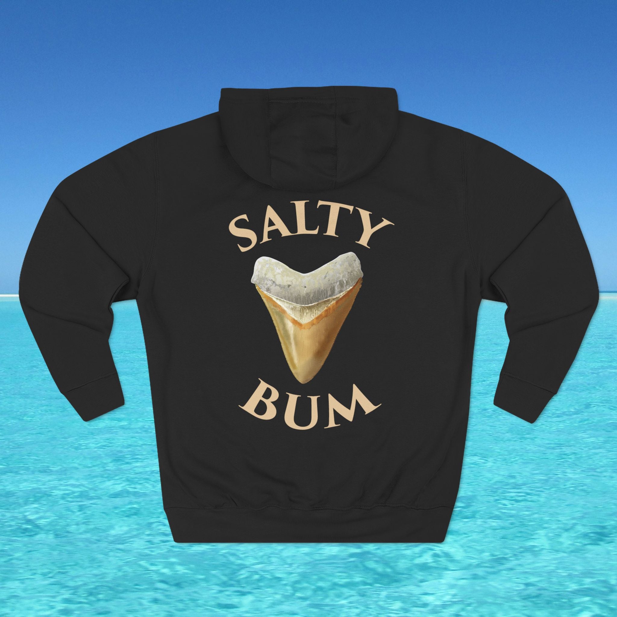 Black hoodie with 'Salty Bum' graphic on a blue water background