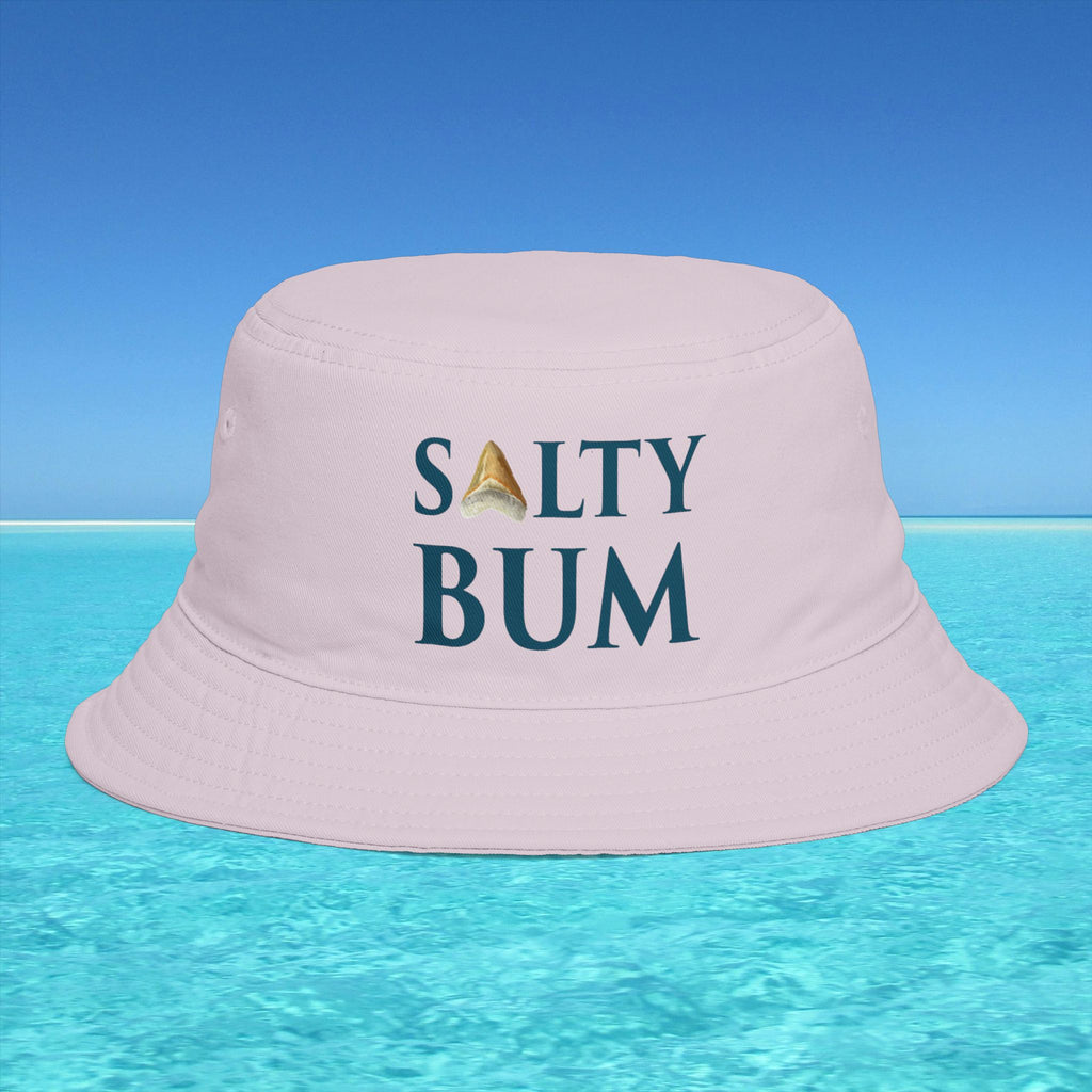 Pink bucket hat with 'Salty Bum' text on a beach background