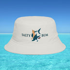 Beige bucket hat with 'Salty Bum' design on a blue water and sky background