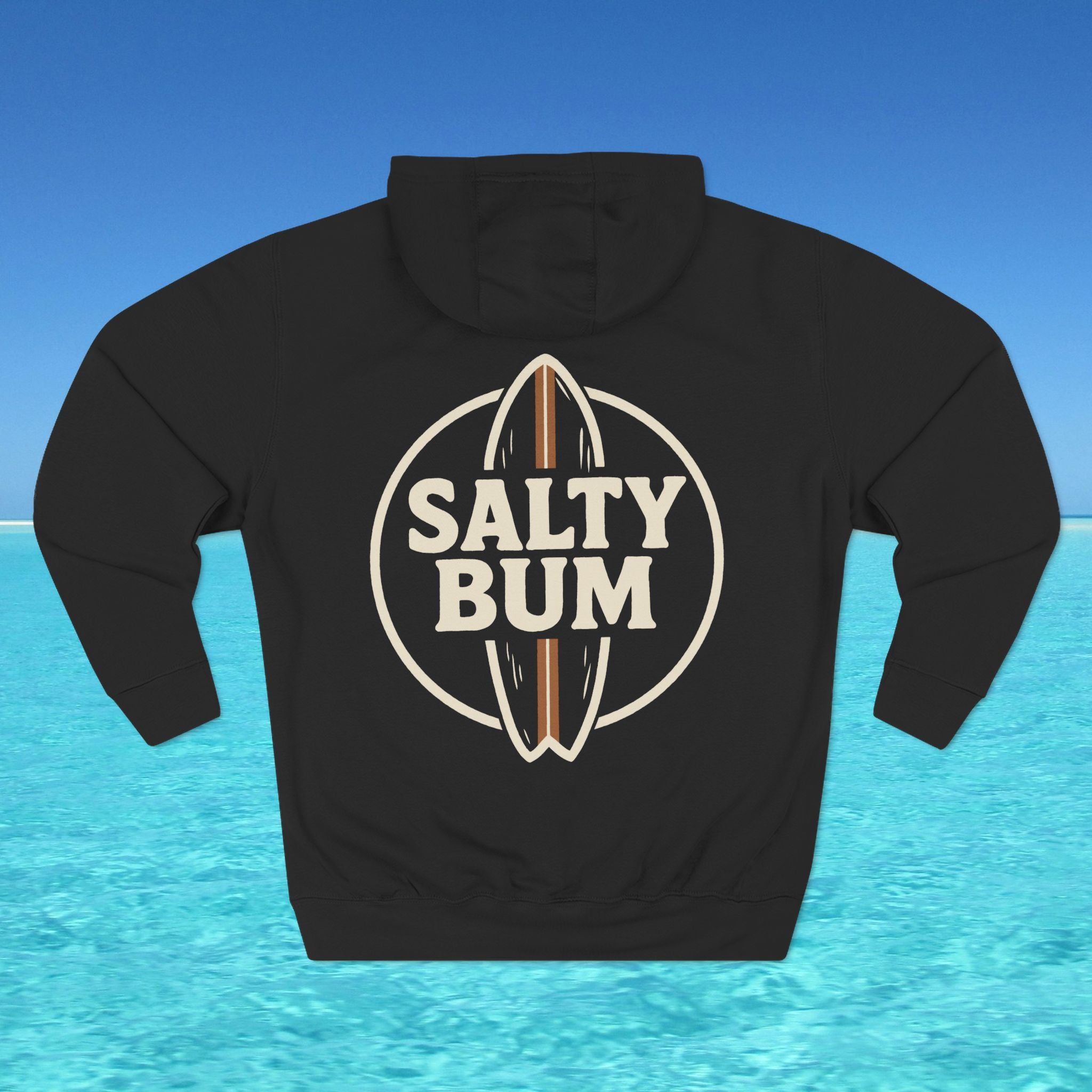Black hoodie with 'Salty Bum' logo on a blue water and sky background