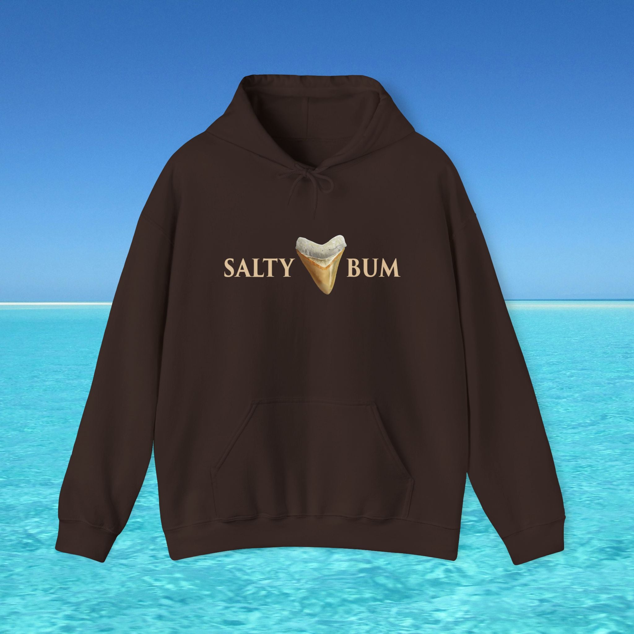 Brown hoodie with 'Salty Bum' text and ice cream graphic on a blue water and sky background