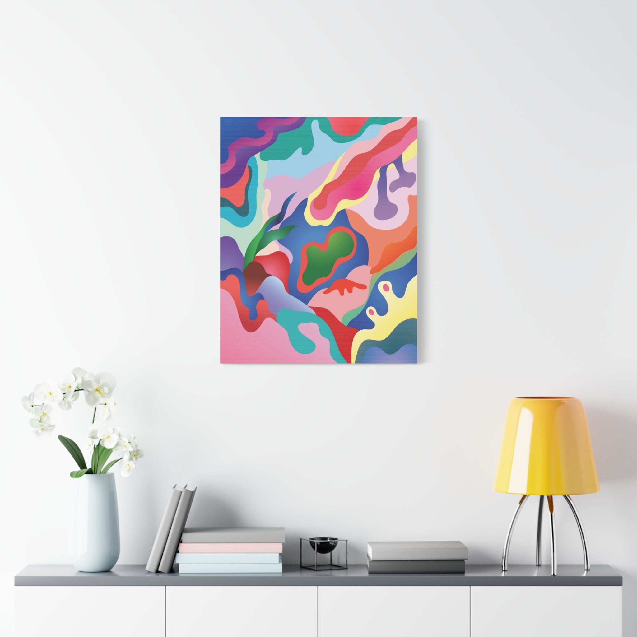 Colorful abstract painting on a wall above a shelf with decor items.