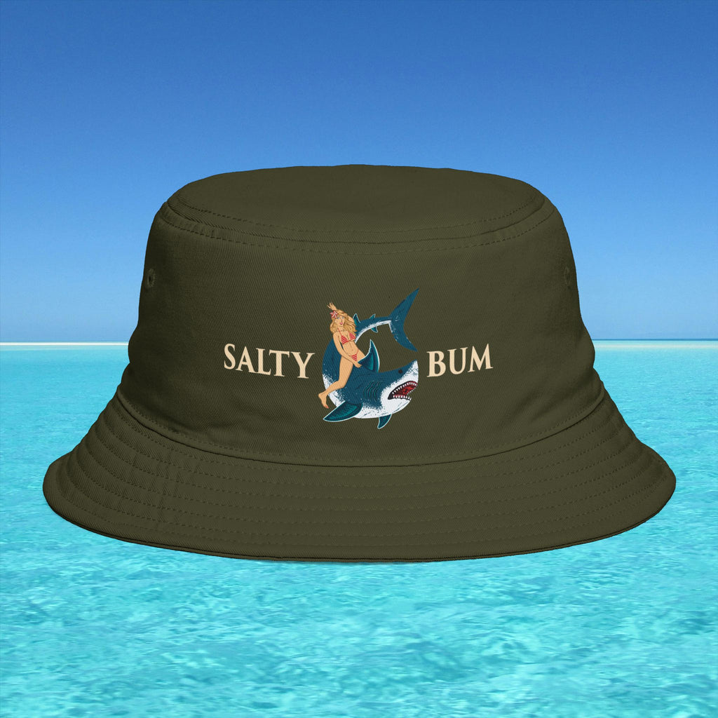 Brown bucket hat with 'Salty Bum' design on a blue water background
